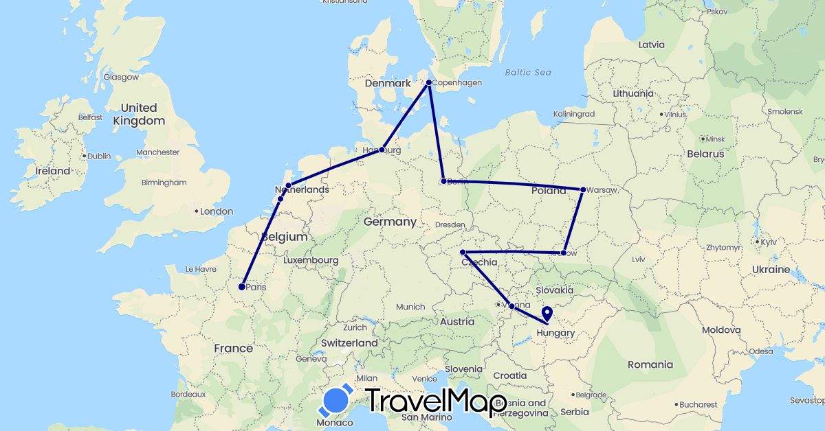 TravelMap itinerary: driving in Czech Republic, Germany, Denmark, France, Hungary, Netherlands, Poland, Slovakia (Europe)